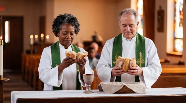 Senior african american pastor and caucasian priest breaking holy bread at altar table. Christian ministers perform sacramental communion during religious service.