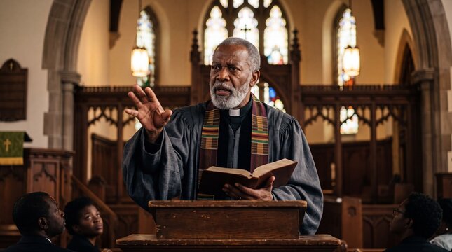 Senior african american pastor holding a holy bible and preaching at the pulpit in church. Spiritual preacher giving an inspiring sermon to parishioners during Sunday religious service.