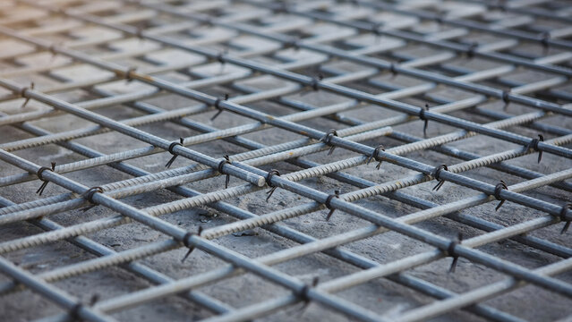 Reinforcement steel bars arranged in a grid for concrete construction