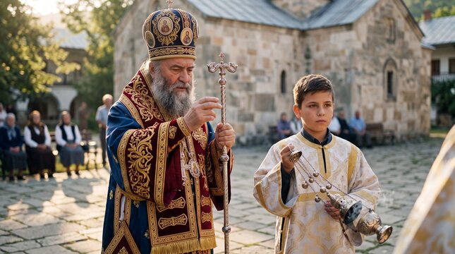 Senior caucasian bishop holding staff beside altar boy during religious service. Orthodox clergyman leading traditional christian liturgy outside ancient church.