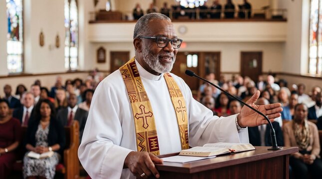 Senior african american pastor speaking at the pulpit during a religious service. Clergyman giving a spiritual sermon to the faithful congregation inside a traditional church sanctuary.