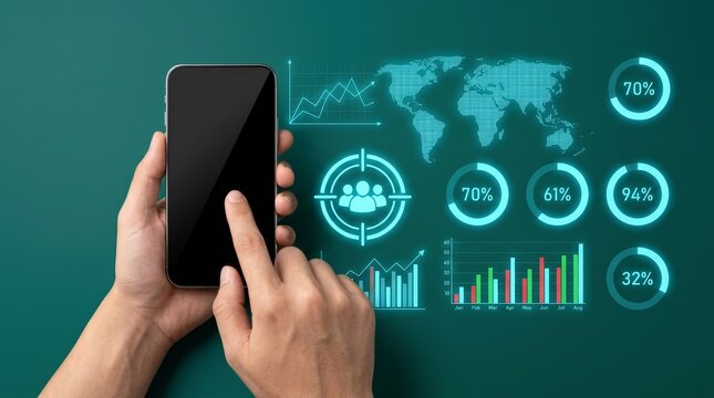 Business analytics and digital interaction with a smartphone showing data visualization and user engagement metrics.