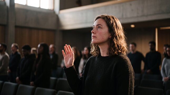 Young caucasian woman raising hand during religious service with congregation in church hall. Faithful female parishioner participating in christian worship ceremony and prayer event.