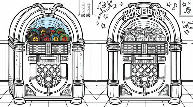 Vintage jukebox with colorful records and buttons, retro music player illustration, flat design style