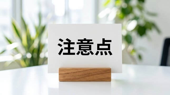 White card with Japanese text 注意点 standing on a wooden stand in a business setting.