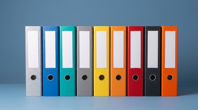 A row of colorful binders organized on a clean surface.
