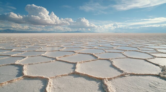 Cracked white salt flat beneath a bright blue sky