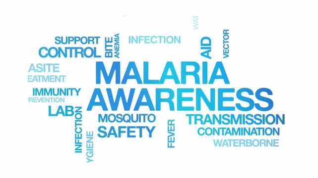 Malaria awareness concept Animated Tag Word Cloud kinetic typography, Text Design Animation typography seamless loop video motion graphics Intro Wordart arrangement blue type on white background bg 