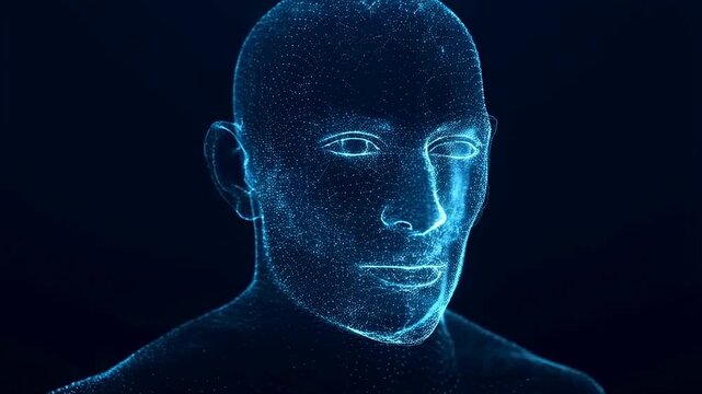 Glowing digital human head composed of blue and cyan particles rotates slowly against a dark background. Animated scene combines particles and dots with glowing light.