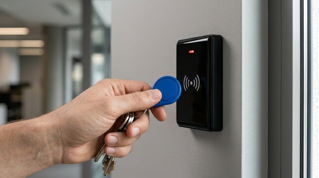 A person using a contactless key fob on an indoor access control reader for secure building entry.