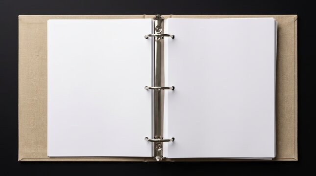 An open white ring binder with three metal rings and empty blank sheets.