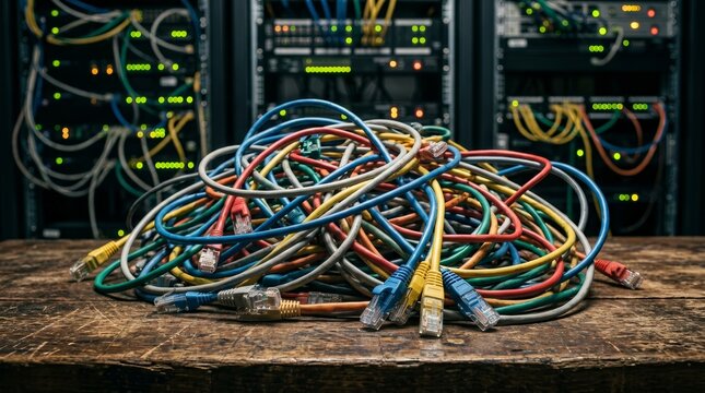 Messy pile of tangled colorful ethernet cables on a wooden table.