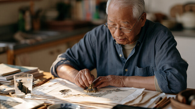 An elderly cartographer bent over a hand drafted map at a modest kitchen table, ink spreading into an abstract archipelago shape in a water glass nearby, weathered hands tracing