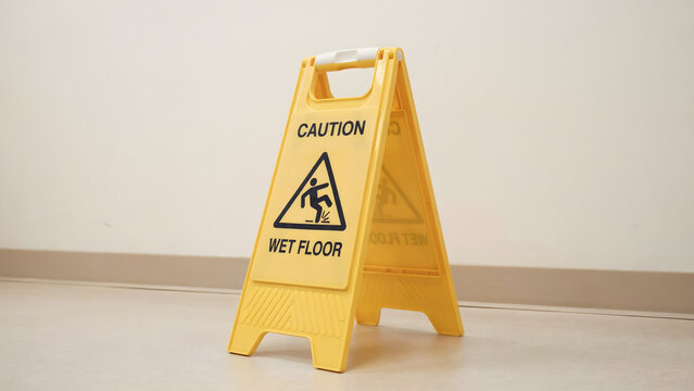 Yellow caution wet floor sign standing on a clean indoor floor surface