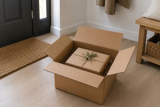 Christmas gift inside open delivery box near front door
