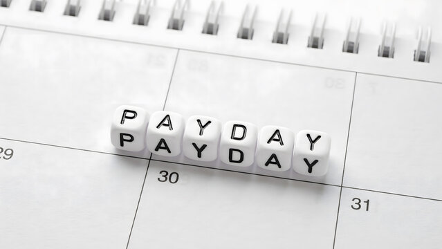 Alphabet blocks spelling payday on a calendar page with dates thirty and thirty-one