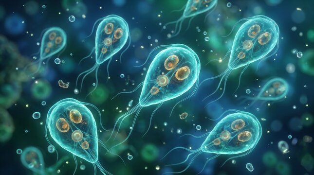 Giardia lamblia protozoan parasite with multiple flagella viewed under a microscope