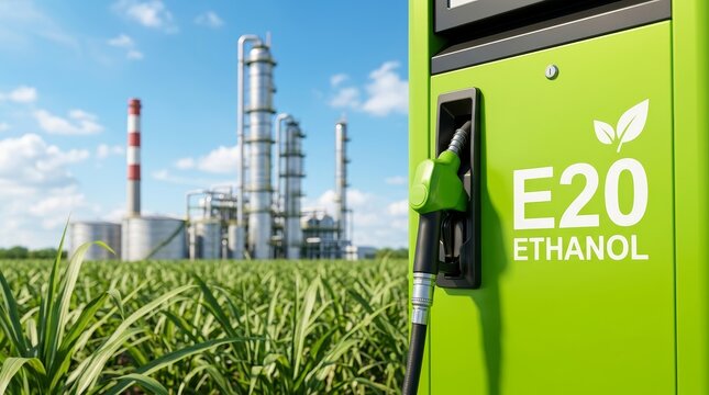 Ethanol E20 fuel dispenser at a green energy station overlooking sugarcane fields.