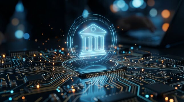 Glowing digital bank building icon hovering above a circuit board for fintech and online banking.