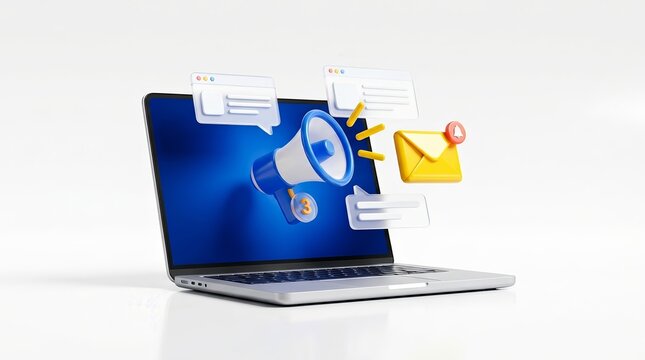 Digital marketing and online communication concept with 3D laptop, megaphone, and email alert notification icons.
