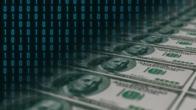 Dynamic background. Dollar bills, computer code.The concept of business and finance. 4K