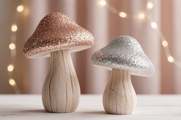 Fototapeta premium Two stylized wooden mushrooms with glittery caps sit on white surface. Rose gold, silver sparkling decor pieces stand against bokeh lights background. Rustic festive ornaments create magical