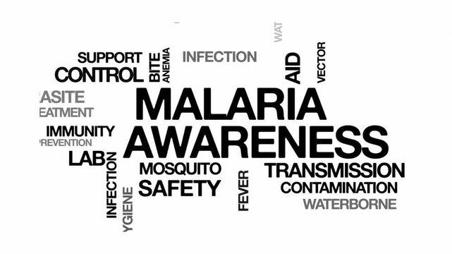 Malaria awareness concept Animated Tag Word Cloud kinetic typography, Text Design Animation typography seamless loop video motion graphics Intro Wordart arrangement black type on white background bg b