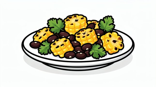 Salad made from yellow corn kernels, black beans, and fresh cilantro leaves served on a white ceramic plate.