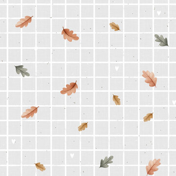 Delicate autumn leaf pattern with scattered brown and orange foliage on a soft gray grid background. It is suitable for fall textiles, fabric, wallpaper, wrapping paper, stationery, nursery decor.