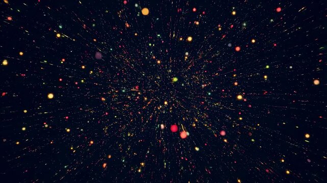 Colorful particles radiate outward from the center on a dark background with glowing and flickering effects. Radiating motion creates glowing light and visible depth.