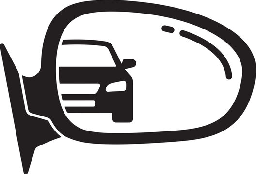 Black and white of a car side mirror showing the reflection of a vehicle following behind rear view mirror