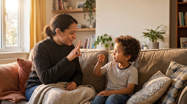 Deaf mother engaging in sign language teaching with young son on cozy living room sofa. Family moment involves sign language teaching to improve communication.