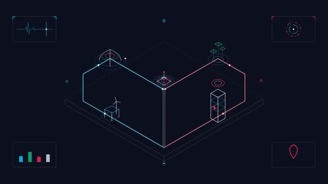 Isometric Neon HUD Interface with Glowing Data Nodes and Network Lines