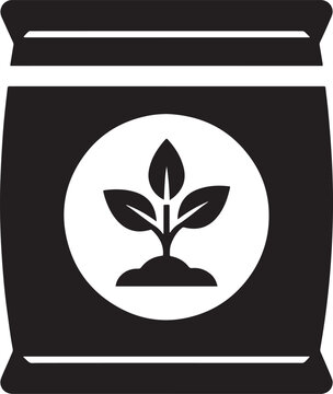 Black and white of a fertilizer bag featuring a sprouting plant inside a white circle sack soil bag plant food
