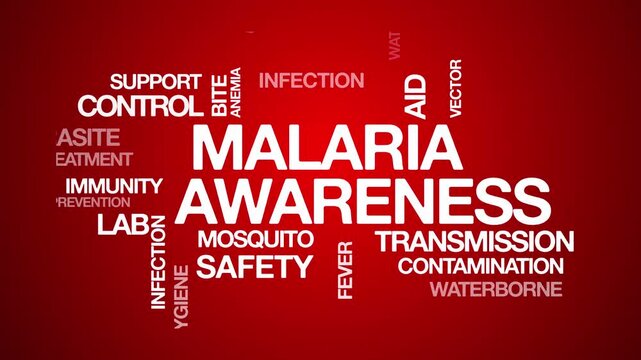 Malaria awareness concept Animated Tag Word Cloud kinetic typography, Text Design Animation typography seamless loop video motion graphics Intro Wordart arrangement red background bg backdrop campaign