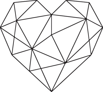 Black outline geometric heart composed of various triangles and polygonal shapes on a white background