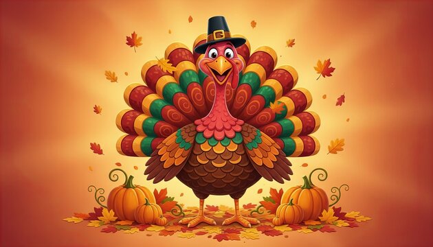 Funny cartoon Thanksgiving turkey smiling happily, colorful feathers, festive autumn decorations, pumpkins, falling leaves