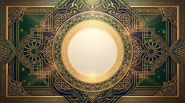 Luxurious Islamic background featuring rich green-gold layers, glowing particles, and an intricate golden circular frame with a clean white copy space for your text.