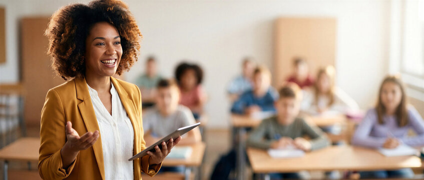 Young African American teacher smiling in a classroom, teaching students, copy space