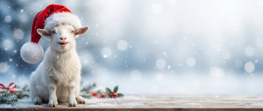 Cute goat wearing Santa hat in winter landscape with snow and festive decorations