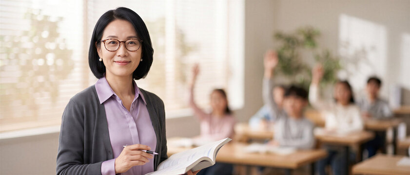 Asian female teacher in a classroom with students raising hands and copy space