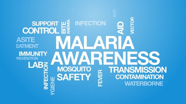 Malaria awareness concept Animated Tag Word Cloud kinetic typography, Text Design Animation typography seamless loop video motion graphics Intro Wordart arrangement blue background bg backdrop campaig