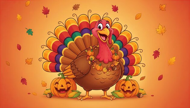 Funny cartoon Thanksgiving turkey smiling happily, colorful feathers, festive autumn decorations, pumpkins, falling leaves