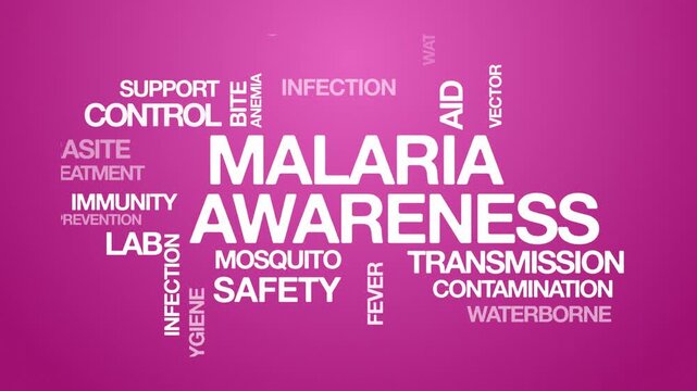 Malaria awareness concept Animated Tag Word Cloud kinetic typography, Text Design Animation typography seamless loop video motion graphics Intro Wordart arrangement pink background bg backdrop campaig