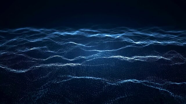 Flowing abstract wave composed of glowing blue particles undulates across a dark background. Abstract background features particle wave and digital mesh with rhythmic movement.