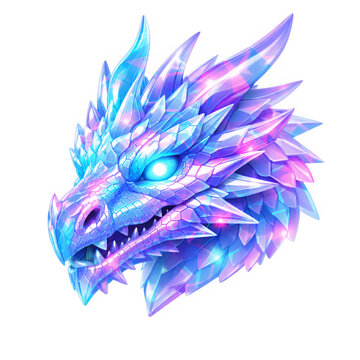Fierce crystal dragon head profile with glowing blue eyes and iridescent scales on transparent background