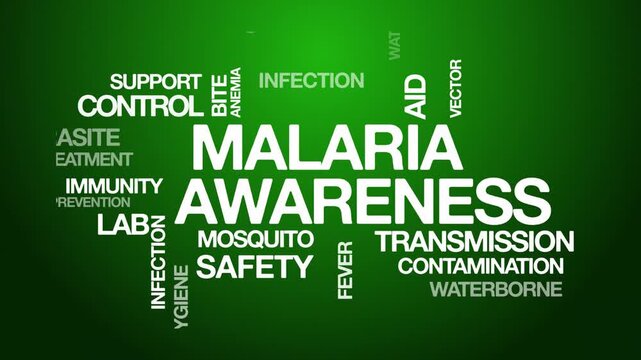 Malaria awareness concept Animated Tag Word Cloud kinetic typography, Text Design Animation typography seamless loop video motion graphics Intro Wordart arrangement green background bg backdrop campai