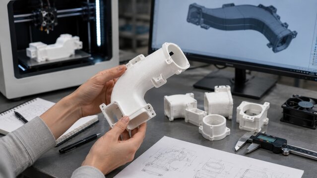Engineer Inspecting 3D Printed Prototype Part with CAD Design and Additive Manufacturing