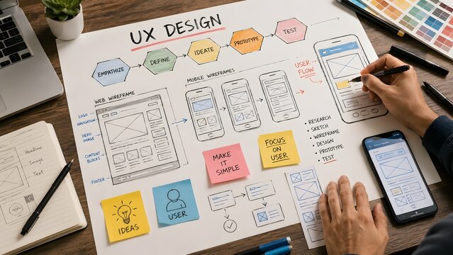 UX Graphic designer creative sketch planning application process development prototype wireframe for web mobile phone . User experience concept.