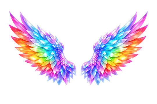 Pair of fantasy crystal wings with rainbow colors and iridescent feathered on transparent background